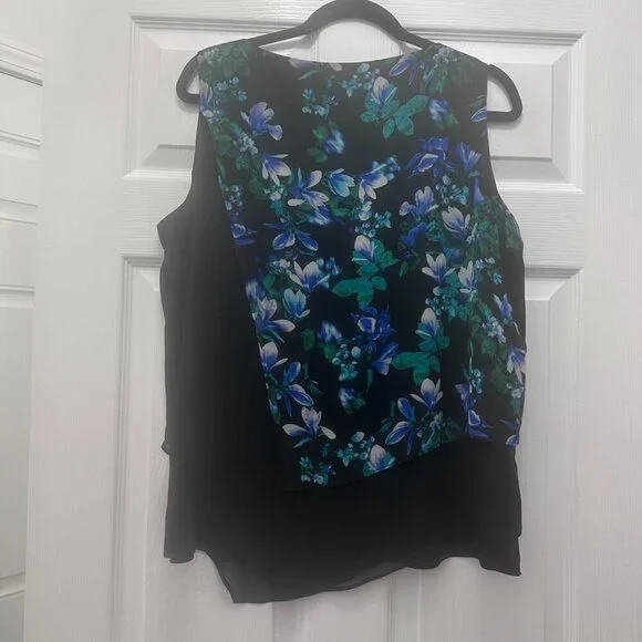 Black Floral Calvin Klein Layered Hem Asymmetrical Blouse Size XL - Picture 4 of 4